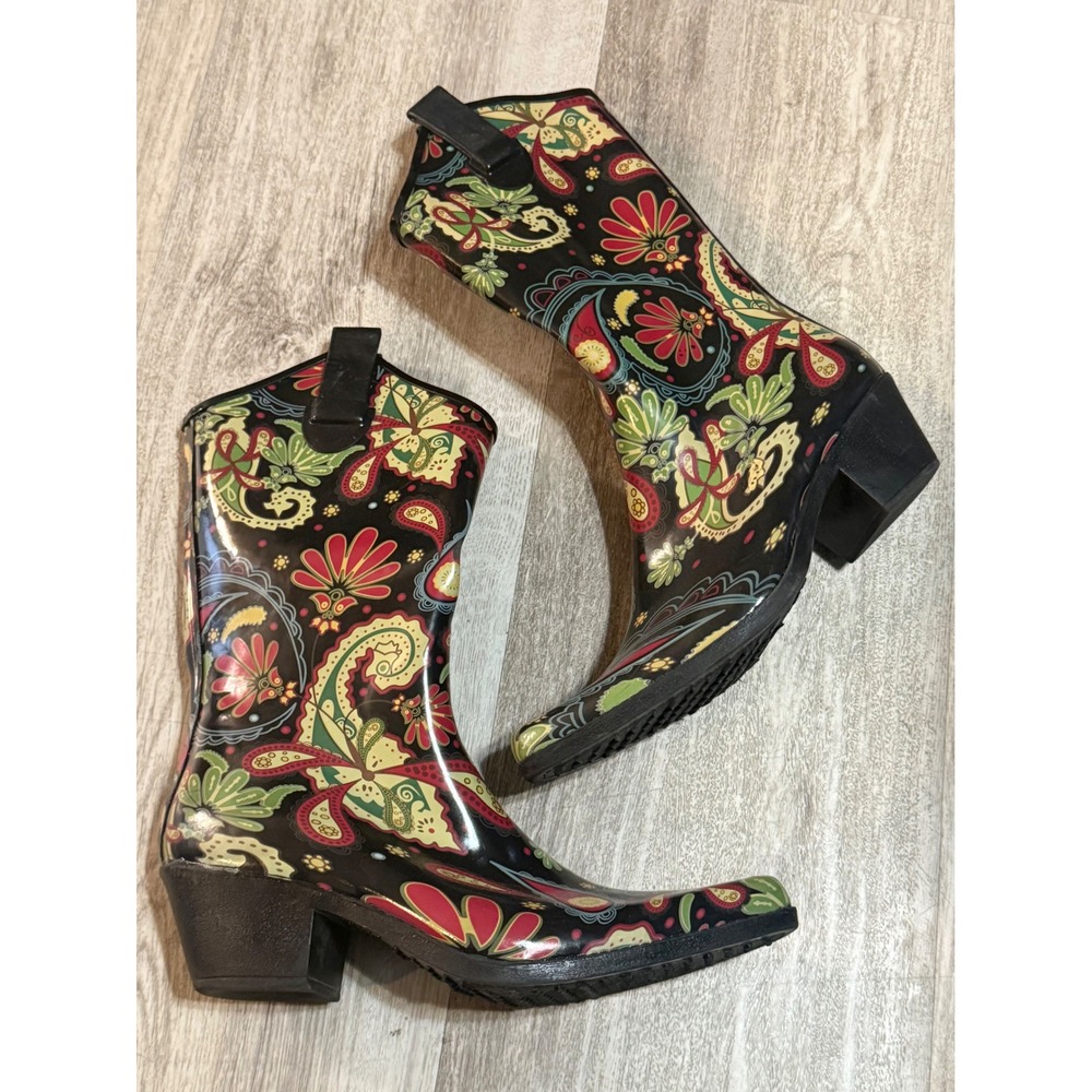 Ride Tecs Womens 9 Paisley Rubber Rain Boots Cowboy Western Mid Calf Multi Color
